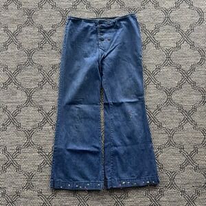 Vintage Handmade Jeans Womens 30 Blue 70s Embroidered Flare Wide Leg Boho Hippie